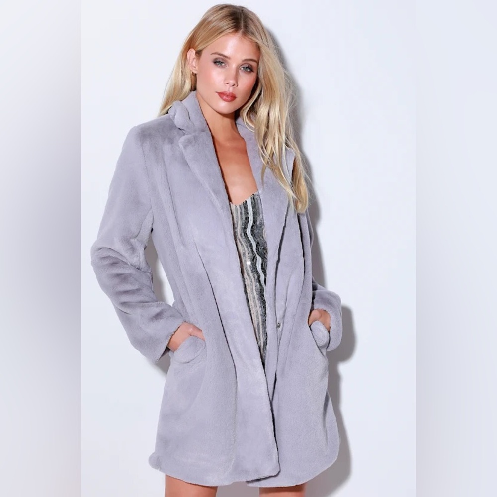 Lulus silver Gray Faux Fur Coat soft fuzzy cozy teddy jacket oversized lilac